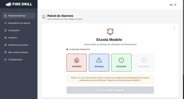 Painel de acionamento de alarmes do aplicativo FireDrill
